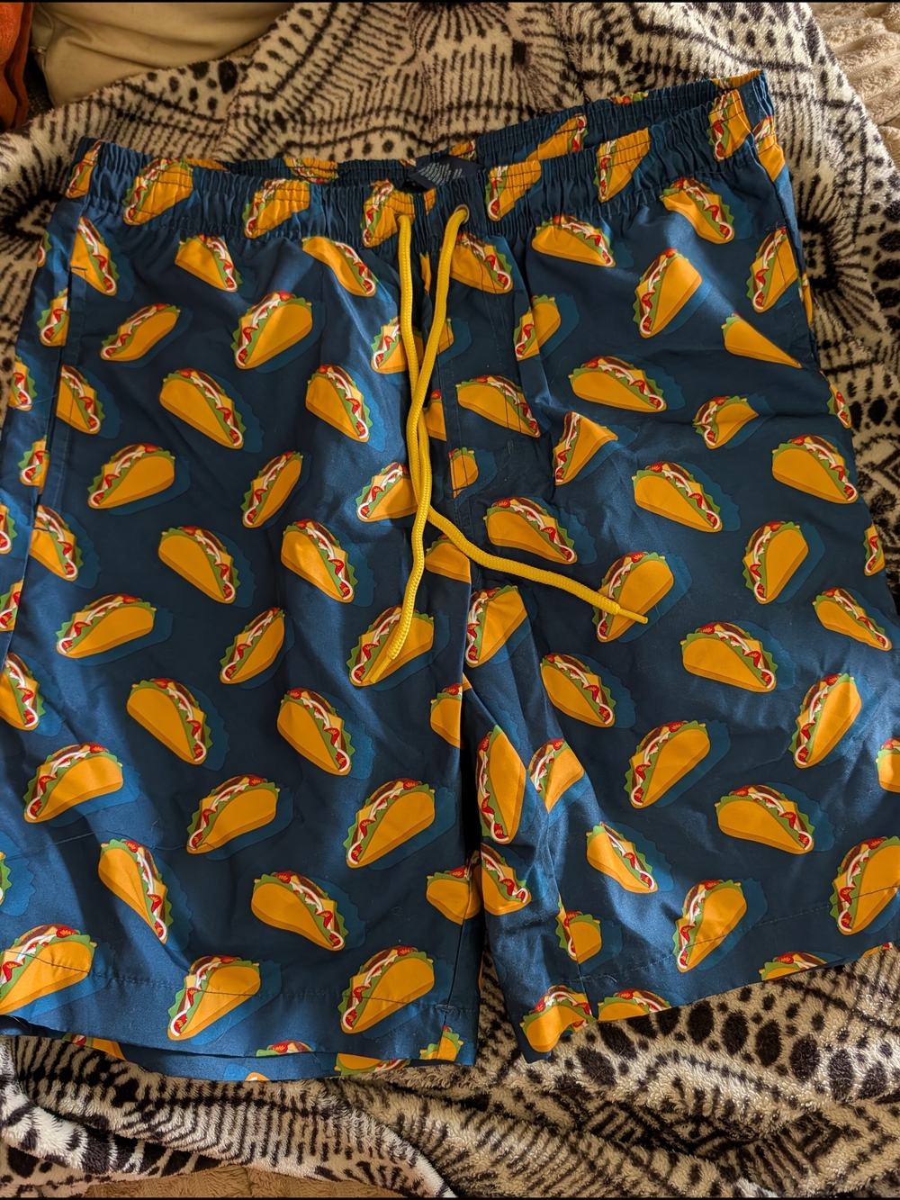 Navy Taco Print Swim Shorts with Yellow Drawstring